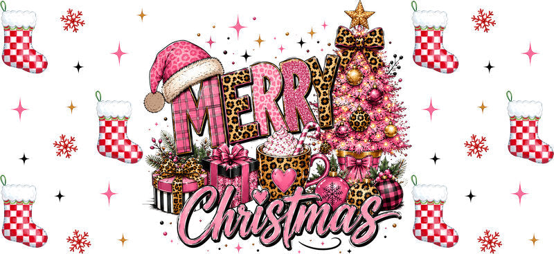Pink Merry Christmas tree and gifts UV DTF cup wrap for 16oz Libbey glass KA-16593