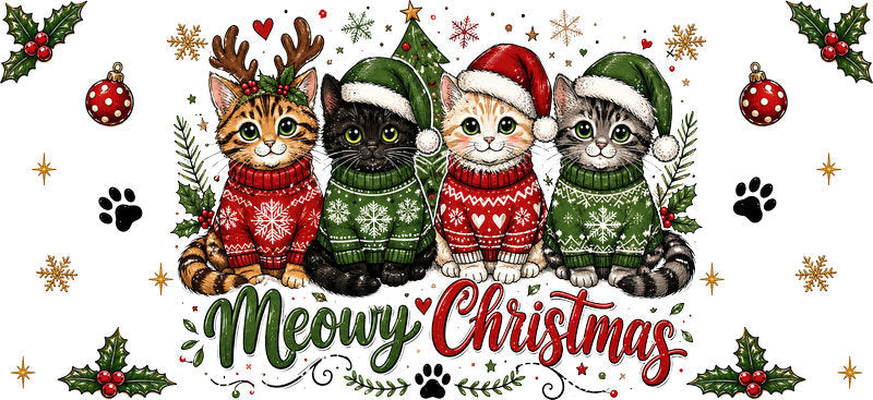 Meowy Christmas cats in festive sweaters UV DTF cup wrap for 16oz Libbey glass KA-16595