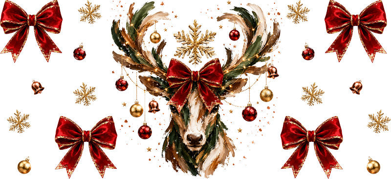 Reindeer Red Bows Christmas UV DTF Cup Wrap for 16oz Libbey Glass KA-16631