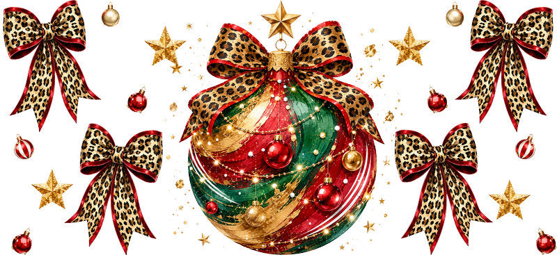 Leopard Bow Christmas Ornament UV DTF Cup Wrap for 16oz Libbey Glass KA-16633