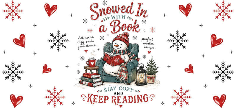 Snowed in with a book Christmas UV DTF cup wrap for 16oz Libbey glass