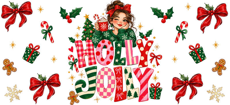 Holly Jolly Christmas bows UV DTF cup wrap for 16oz Libbey glass