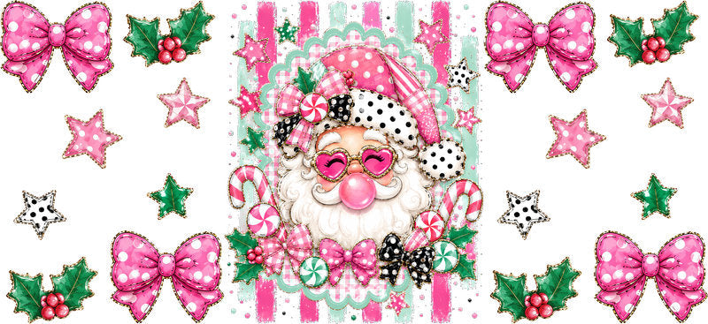 Pink Santa Christmas bows UV DTF cup wrap for 16oz Libbey glass