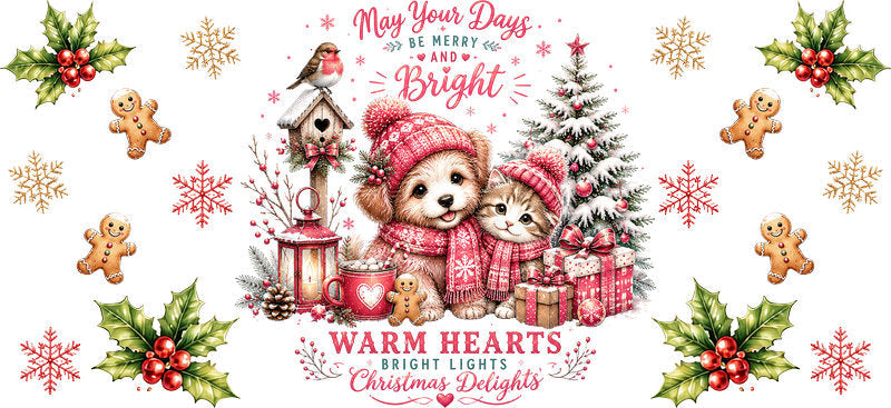 Warm hearts Christmas animals UV DTF cup wrap for 16oz Libbey glass