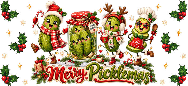 Merry Picklemas funny Christmas UV DTF cup wrap for 16oz Libbey glass