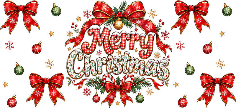 Merry Christmas bows ornaments UV DTF cup wrap for 16oz Libbey glass