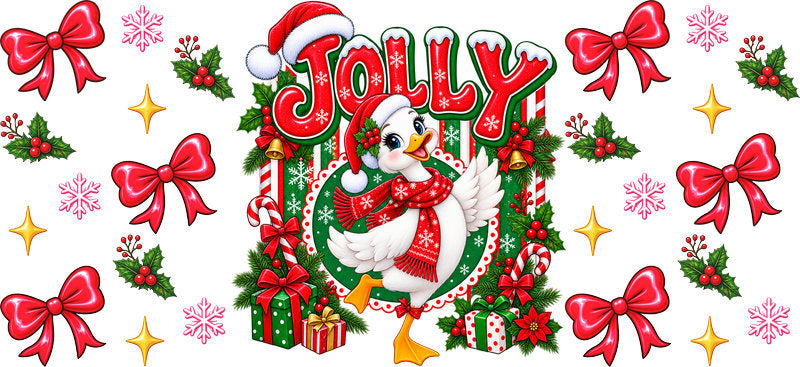 Jolly Christmas bird bows UV DTF cup wrap for 16oz Libbey glass