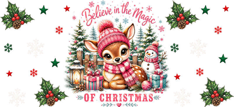 Cute deer Christmas magic UV DTF cup wrap for 16oz Libbey glass