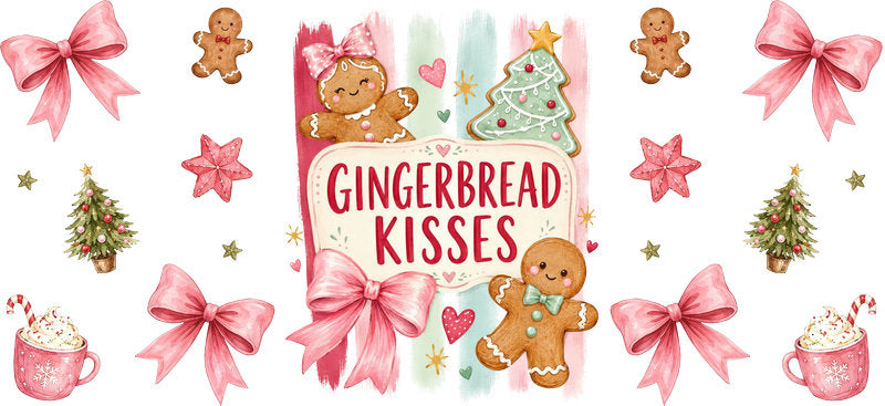 Gingerbread kisses pink Christmas UV DTF cup wrap for 16oz Libbey glass