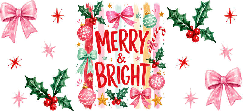 Merry and bright pink Christmas UV DTF cup wrap for 16oz Libbey glass