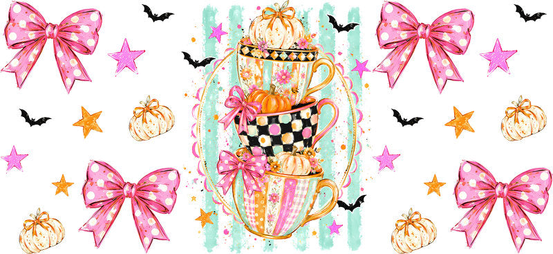 Pumpkin Cups & Bows Halloween UV DTF Cup Wrap for 16oz Libbey Can KA-17180