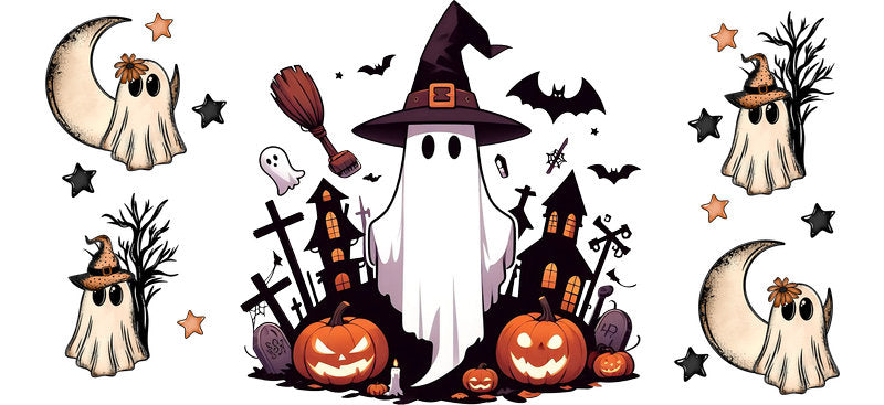 Witch Ghost Halloween UV DTF Cup Wrap for 16oz Libbey Can KA-17489