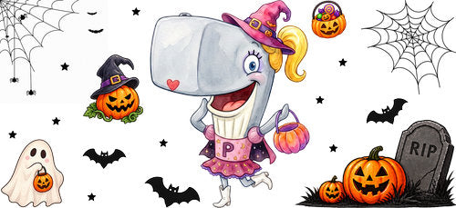 Halloween Witch Whale UV DTF Cup Wrap for 16oz Libbey Can KA-18230