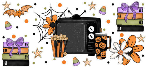 Halloween Books Popcorn Movie Night UV DTF Cup Wrap for 16oz Libbey Can KA-18297