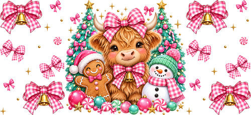 Pink Christmas Highland Cow UV DTF Cup Wrap for 16oz Libbey Can KA-18561