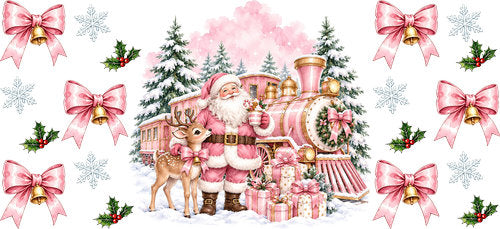Pink Christmas Santa Train UV DTF Cup Wrap for 16oz Libbey Can KA-18566