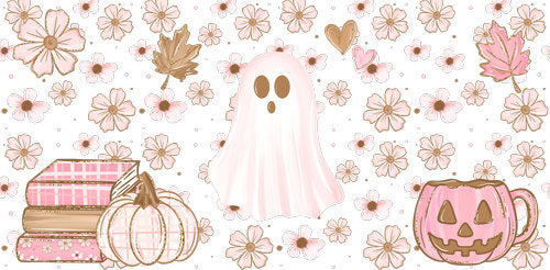 Pink Ghost Floral Fall UV DTF Cup Wrap for 16oz Libbey Can KA-18882