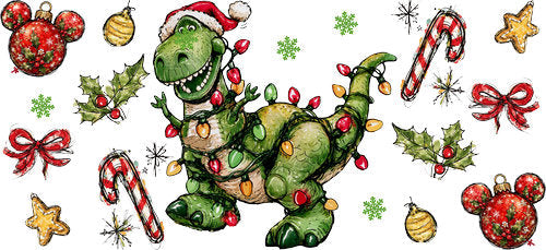 Green Dinosaur Christmas Lights UV DTF Cup Wrap for 16oz Libbey Can KA-19045