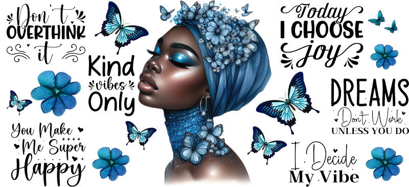 blue butterfly afro girl uv dtf wrap ka-5877