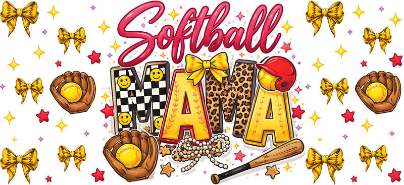 Softball Mama Yellow Bow UV DTF Cup Wrap for 16oz Libbey Glass KA-6557