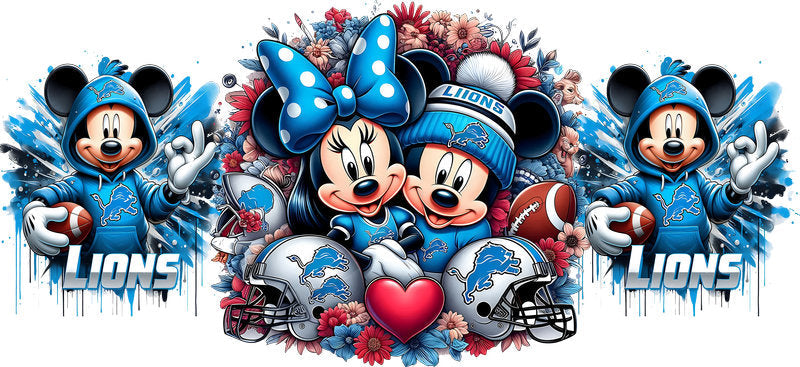 Detroit Lions Mickey Minnie NFL UV DTF Cup Wrap Design for 16oz Libbey Glass KA-7131