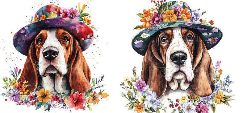 Floral Basset Hound Dog UV DTF Cup Wrap for 16oz Libbey Glass KA-7504