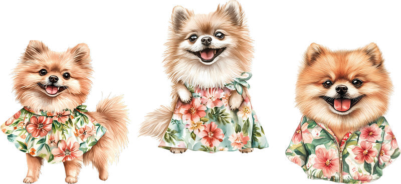 Floral Pomeranian Dog Trio Floral Outfit UV DTF Cup Wrap for 16oz Libbey Glass KA-7672