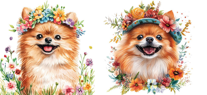 Floral Pomeranian Dog Wildflower Bouquet Design UV DTF Cup Wrap for 16oz Libbey Glass KA-7679