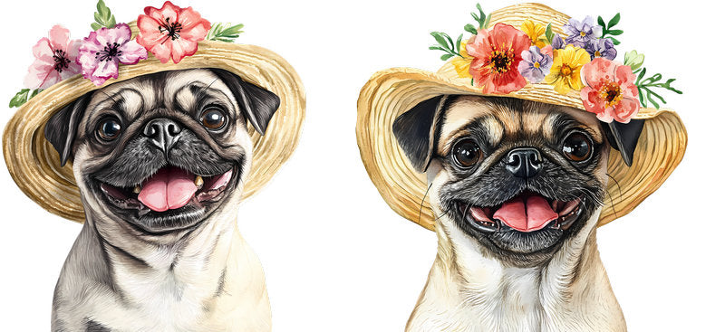 Floral Pug Dog Wearing Garden Hat UV DTF Cup Wrap for 16oz Libbey Glass KA-7680