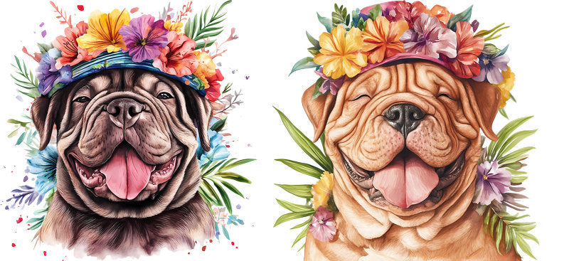 Floral Shar Pei Dog Wearing Floral Crown UV DTF Cup Wrap for 16oz Libbey Glass KA-7690