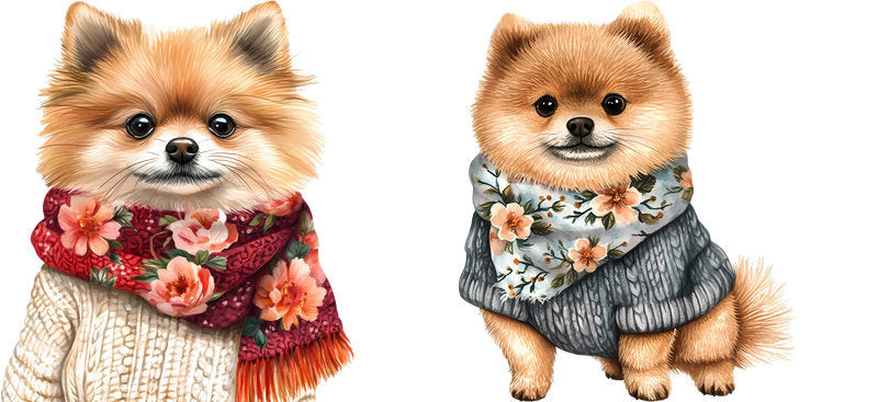 Floral Pomeranian Dog Wearing Winter Scarf UV DTF Cup Wrap for 16oz Libbey Glass KA-7719