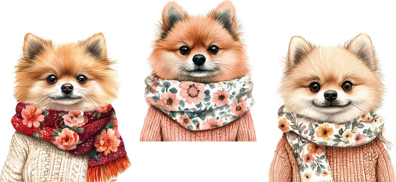 Floral Pomeranian Dog Trio Scarf Artwork UV DTF Cup Wrap for 16oz Libbey Glass KA-7720