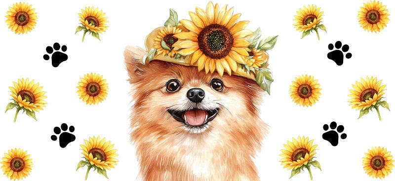 Floral Pomeranian Dog Wearing Sunflower Crown UV DTF Cup Wrap for 16oz Libbey Glass KA-7757
