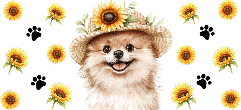 Floral Pomeranian Dog Sunflower Garden Artwork UV DTF Cup Wrap for 16oz Libbey Glass KA-7758
