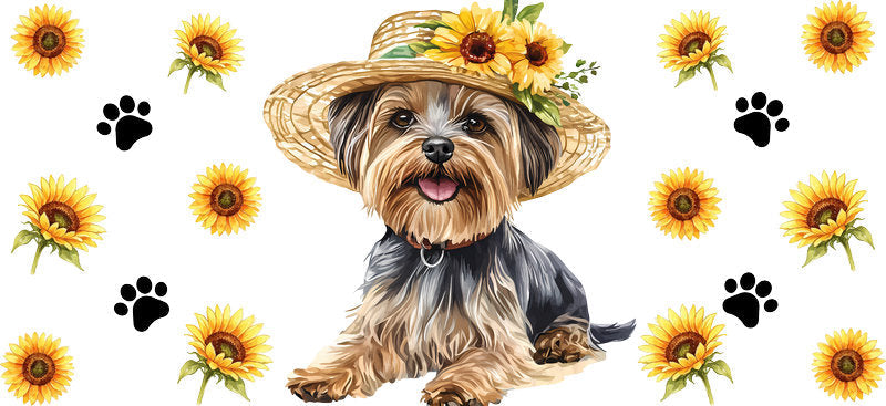 Floral Yorkshire Terrier Dog Wearing Sunflower Hat UV DTF Cup Wrap for 16oz Libbey Glass KA-7759