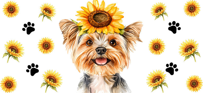 Floral Yorkshire Terrier Dog Sunflower Bloom UV DTF Cup Wrap for 16oz Libbey Glass KA-7761
