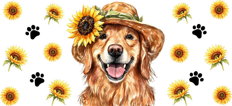 Floral Golden Retriever Dog Sunflower Blossom UV DTF Cup Wrap for 16oz Libbey Glass KA-7767
