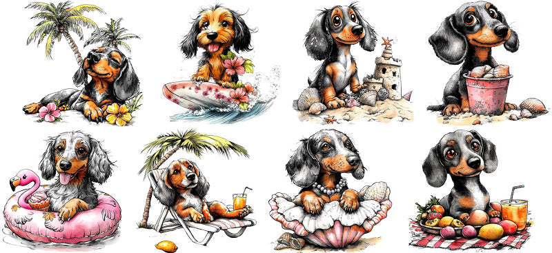 Dachshund Dog Beach Vacation Bundle UV DTF Cup Wrap for 16oz Libbey Glass KA-7787
