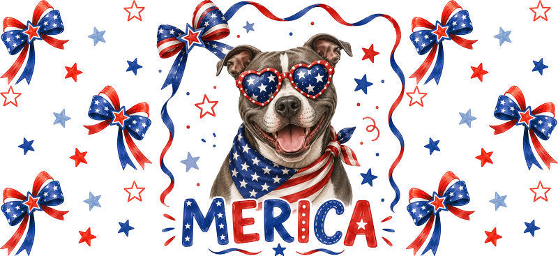 Black dog Merica UV DTF cup wrap for 16oz Libbey glass, patriotic dog lover drinkware transfer KA-7850