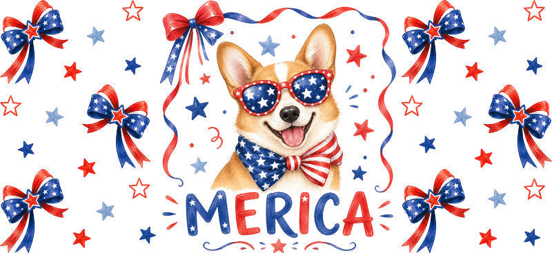 Corgi dog Merica UV DTF cup wrap for 16oz Libbey glass, patriotic dog lover drinkware transfer KA-7876