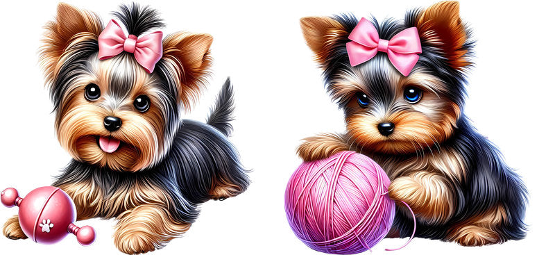 Yorkie dog yarn ball UV DTF cup wrap for 16oz Libbey glass, playful dog lover transfer KA-7918