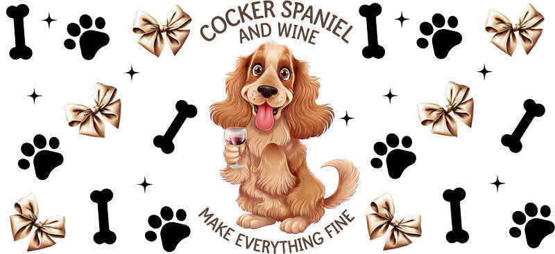 Cocker Spaniel dog wine UV DTF cup wrap for 16oz Libbey glass, dog lover drinkware transfer KA-7939