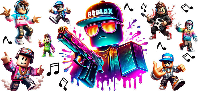 Roblox neon rainbow UV DTF cup wrap for 16oz Libbey glass, colorful game logo transfer KA-8131