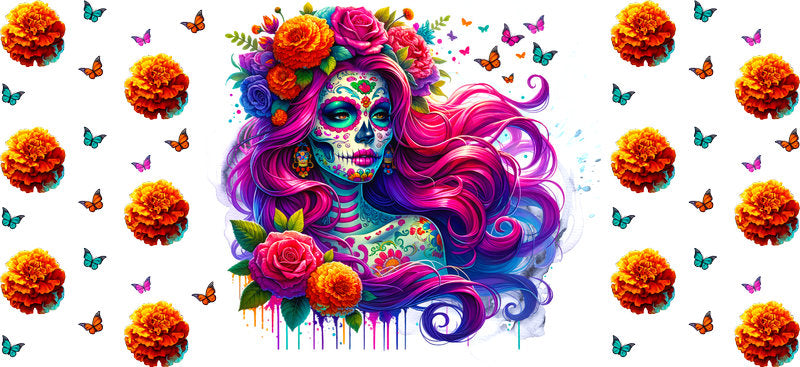 Vibrant Day of the Dead UV DTF Cup Wrap for 16oz Libbey Glass KA-8215