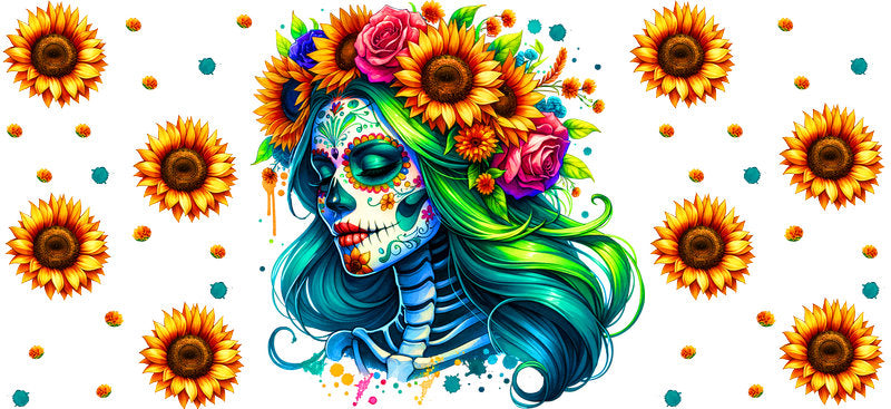 Sunflower Sugar Skull UV DTF Cup Wrap for 16oz Libbey Glass KA-8217