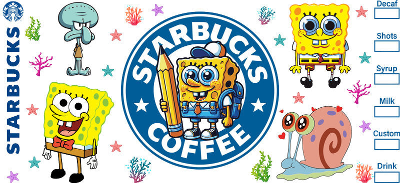 Classic SpongeBob Starbucks UV DTF Cup Wrap for 16oz Libbey Glass KA-8227