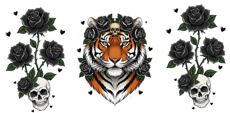 Tiger skull rose UV DTF cup wrap for 16oz Libbey Glass with edgy animal floral artwork KA-8372