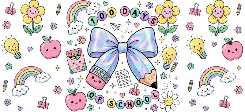 School Rainbow Bow UV DTF cup wrap for 16oz Libbey Glass with rainbow bow classroom theme KA-8411