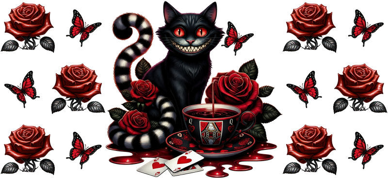 Dark Alice cat UV DTF cup wrap for 16oz Libbey Glass with gothic roses and fantasy artwork KA-8441