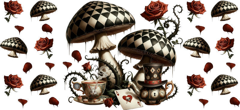 Dark Alice mushroom cup wrap for 16oz Libbey Glass with checker pattern and gothic Wonderland style KA-8446